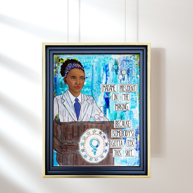 Original mixed media art for young black girls or teens. Madame President art. Black girl magic art. #HERstory Birthday gift for black girl.
