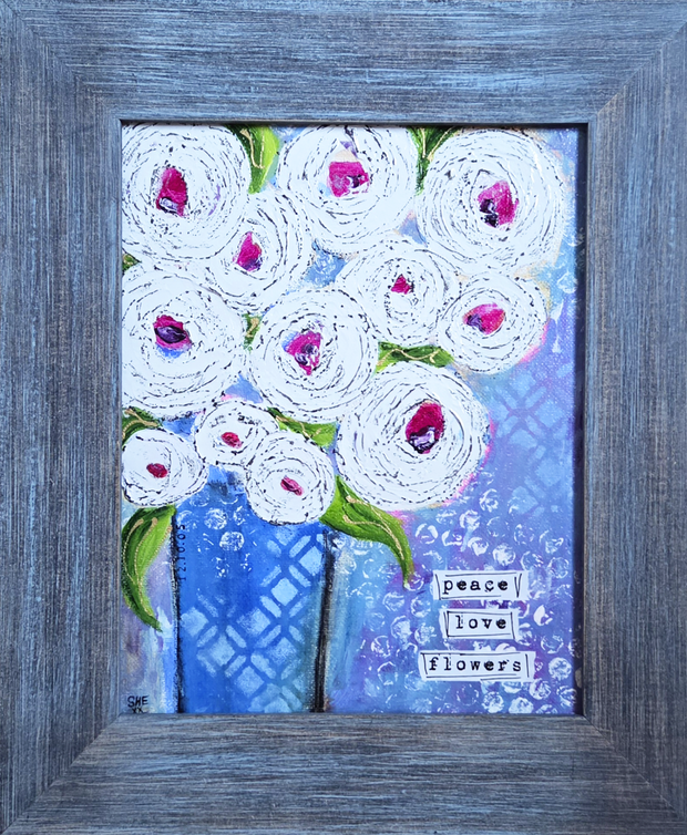 Flower art. Mixed media flower art. Flower art for girls and women. Peace, love and flower art.