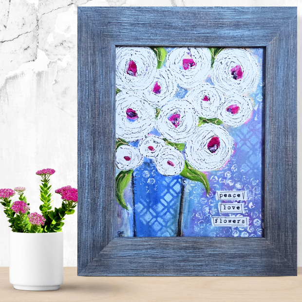 Flower art. Mixed media flower art. Flower art for girls and women. Peace, love and flower art.