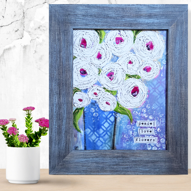 Flower art. Mixed media flower art. Flower art for girls and women. Peace, love and flower art.